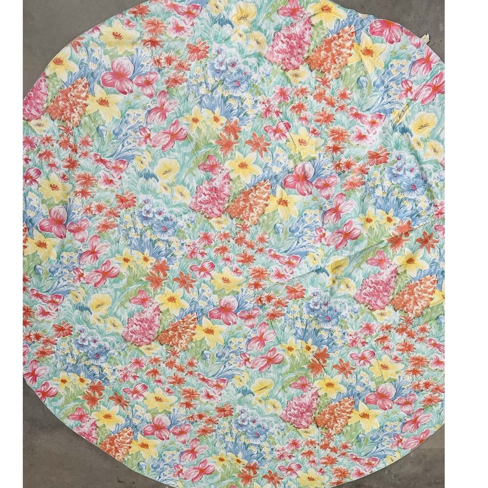 Vinyl Flannel Back Tablecloth Round FLOWER Power Yellow Pink Blue Vintage Green